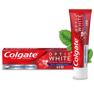 Colgate Optic White Stain Fighter with Baking Soda Whitening Toothpaste, Clean Mint, 6 Oz Tube