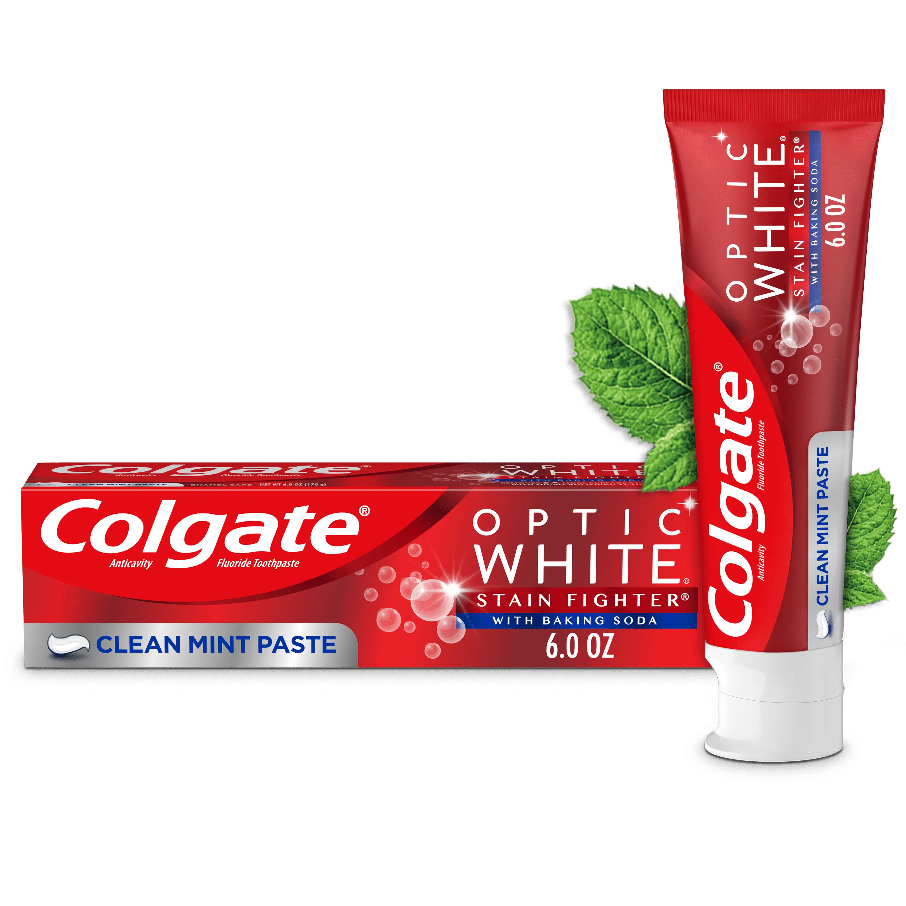 Colgate Optic White Stain Fighter with Baking Soda Whitening Toothpaste, Clean Mint, 6 Oz Tube