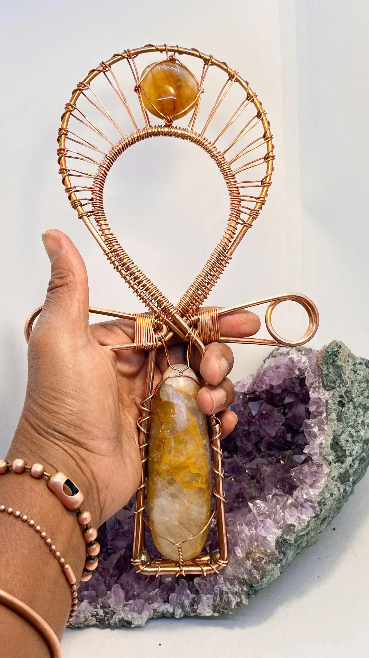 Golden Healer Quartz Crystal Handheld Ankh