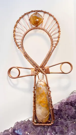 Golden Healer Quartz Crystal Handheld Ankh